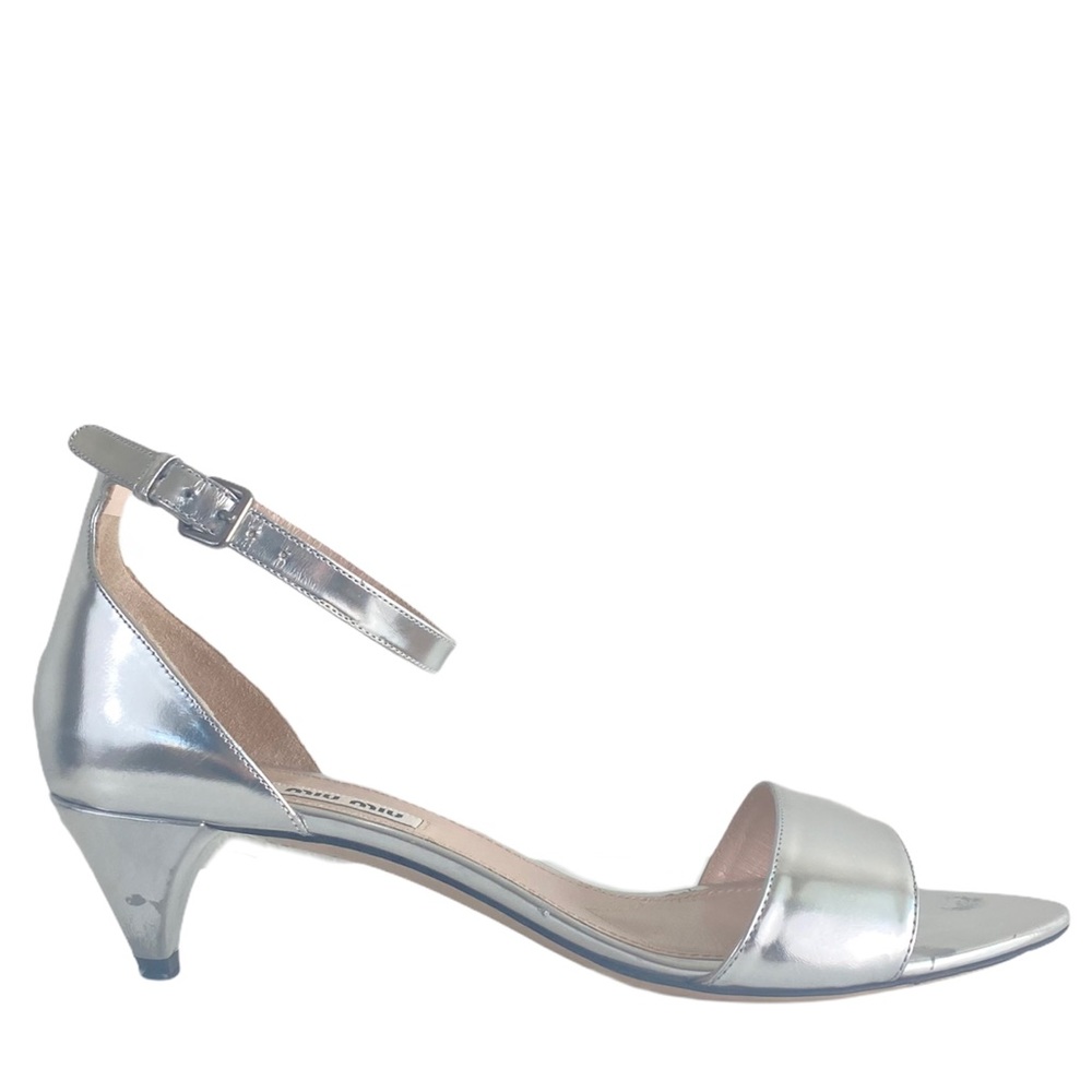 Miu Miu Matte Silver Kitten Heel Ankle Sandal 39.5